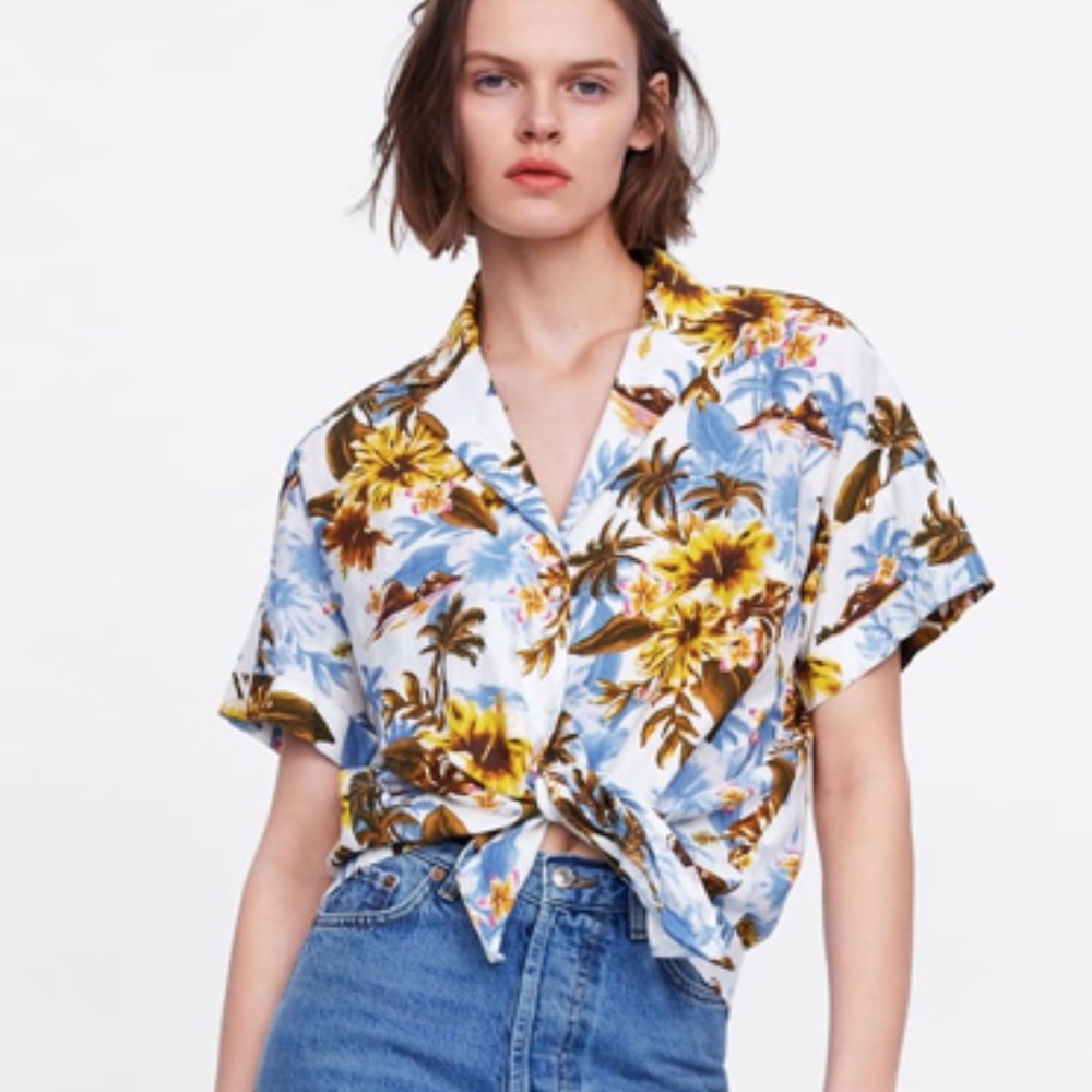 ZARA Floral Print Shirt With Knot